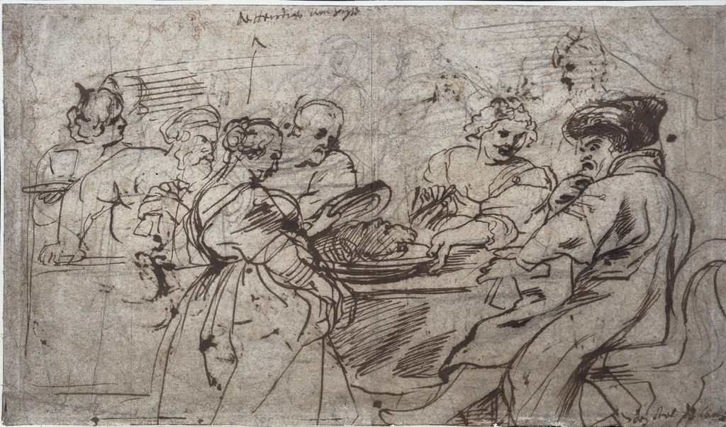 Rubens's pen and chalk preparatory drawing for The Feast of Herod, showing the head on a platter and Herod recoiling at right